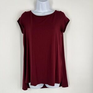 Eileen Fisher Burgundy Red Viscose Jersey High Low Tunic Top XS Short Sleeve USA